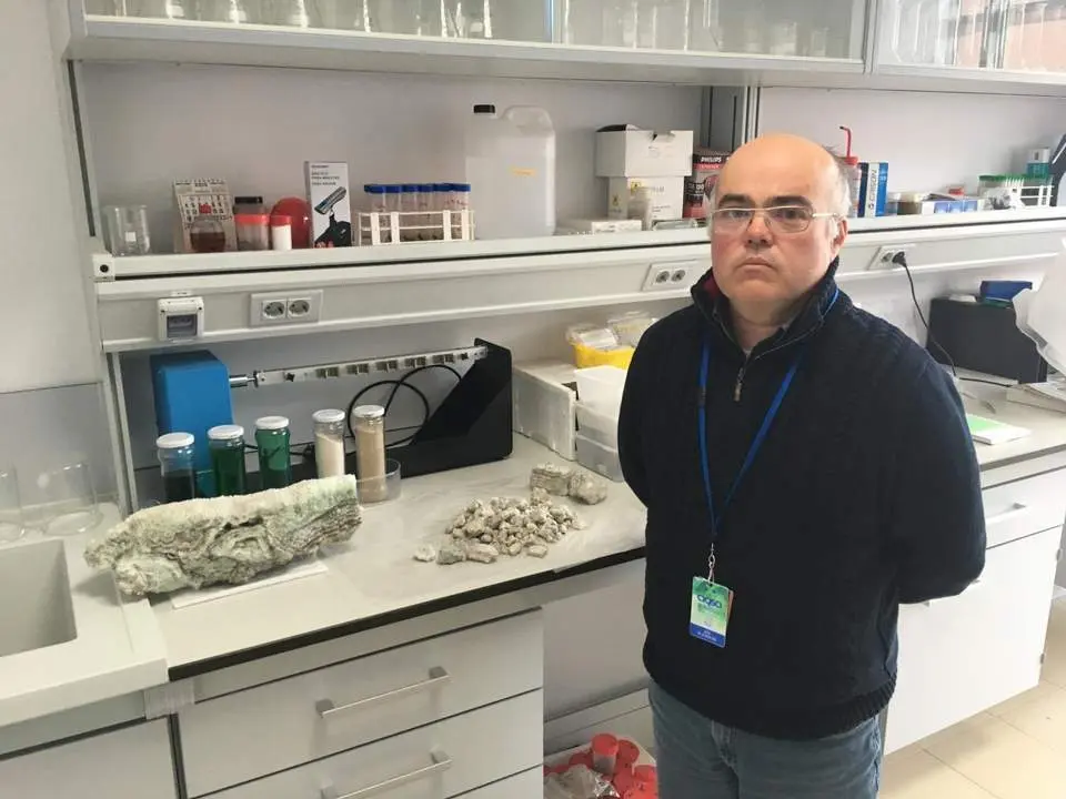 De la Rosa en el laboratorio con muestras de los fosfoyesos - VGPALACIOS