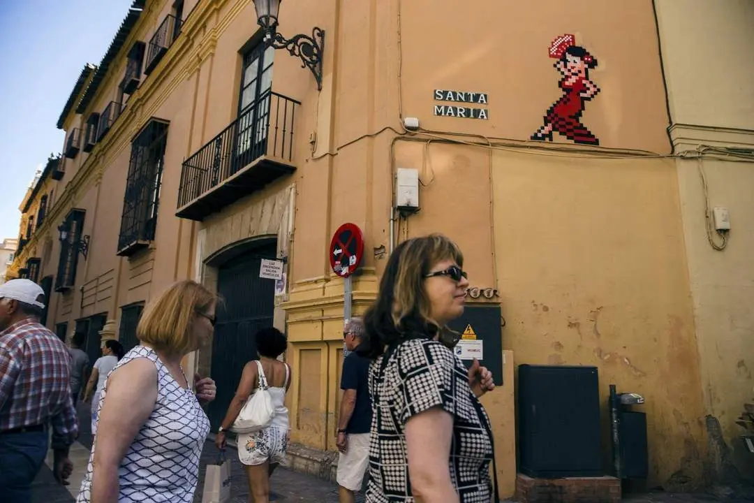 Una flamenca, la obra de Invader en la fachada del Palacio Episcopal -  EFE/JORGE ZAPATA