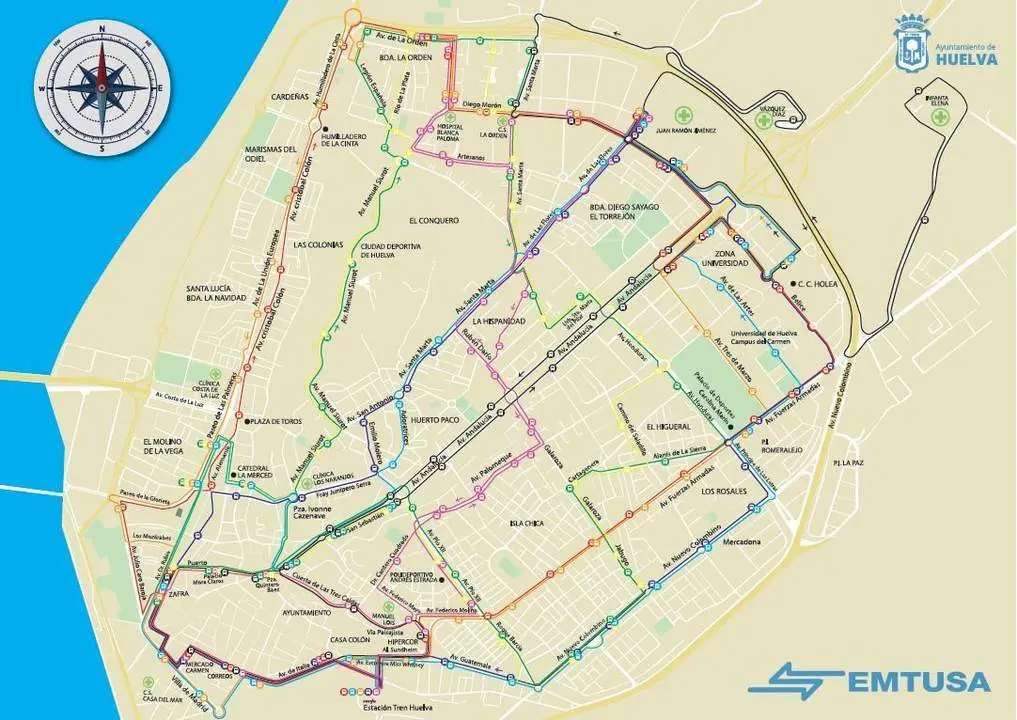 Mapa l&iacute;neas autobuses de Huelva. - VH