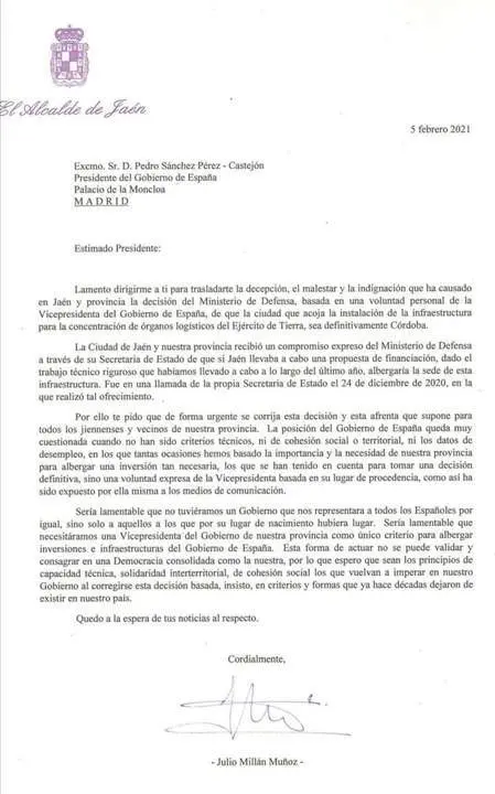 La carta escrita por el alcalde de Ja&eacute;n en la que cuestiona la elecci&oacute;n de C&oacute;rdoba. - Viva C&oacute;rdoba