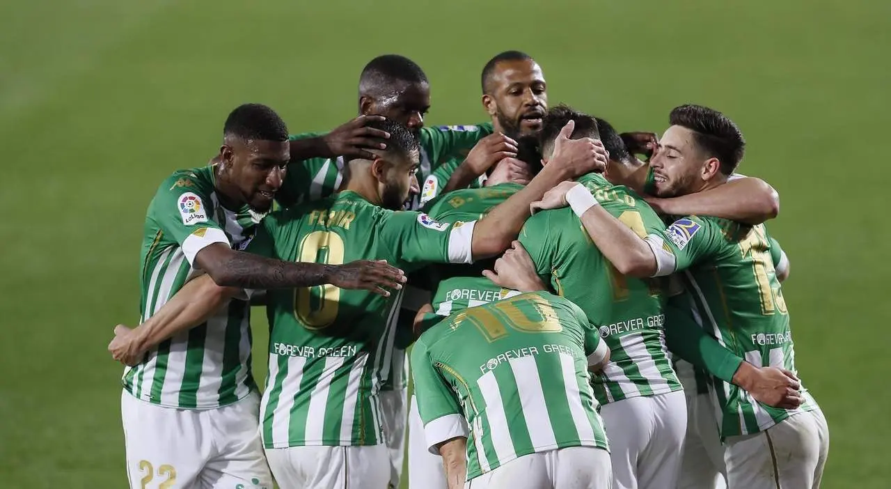 Varios futbolistas del Real Betis celebran el gol que anot&oacute; Borja Iglesias en el partido contra el Osasuna.  - efe