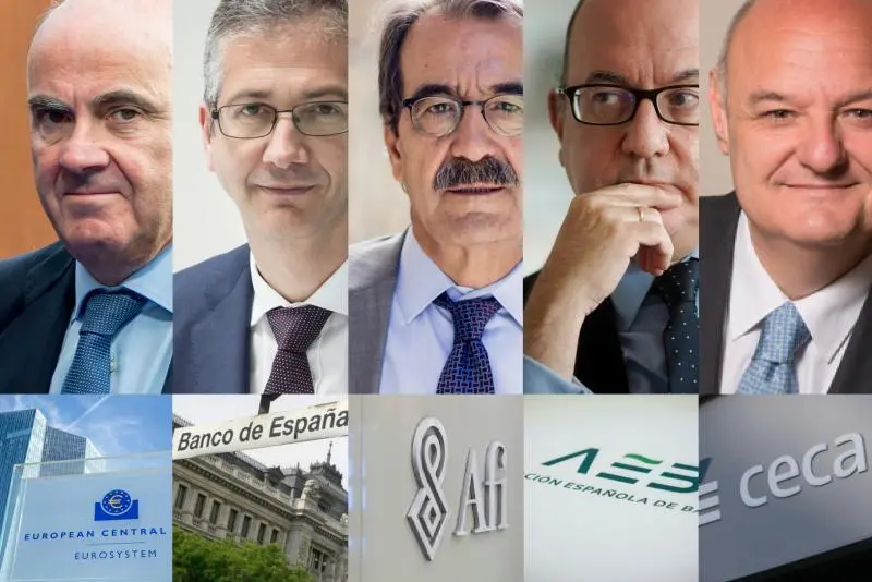 De izquierda a derecha: Luis de Guindos, Pablo Her&aacute;ndez de Cos, Emilio Ontivweros, Jos&eacute; Mar&iacute;a Rold&aacute;n y Jos&eacute; Mar&iacute;a M&eacute;ndez. - 
