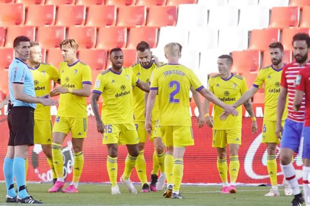 Salvi  -el tercero por la derecha- celebra el gol del C&aacute;diz - La Liga Santander