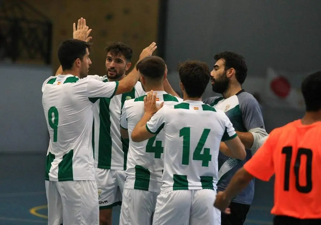 Los jugadores del C&oacute;rdoba Futsal celebran uno de los goles al UA Ceut&iacute; - | Edu Luque