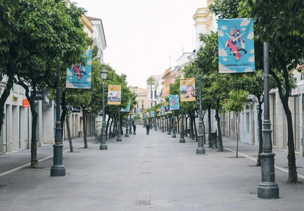 Una imagen de la calle Larga, en Jerez, durante el confinamiento.  - Oliverio Ruiz