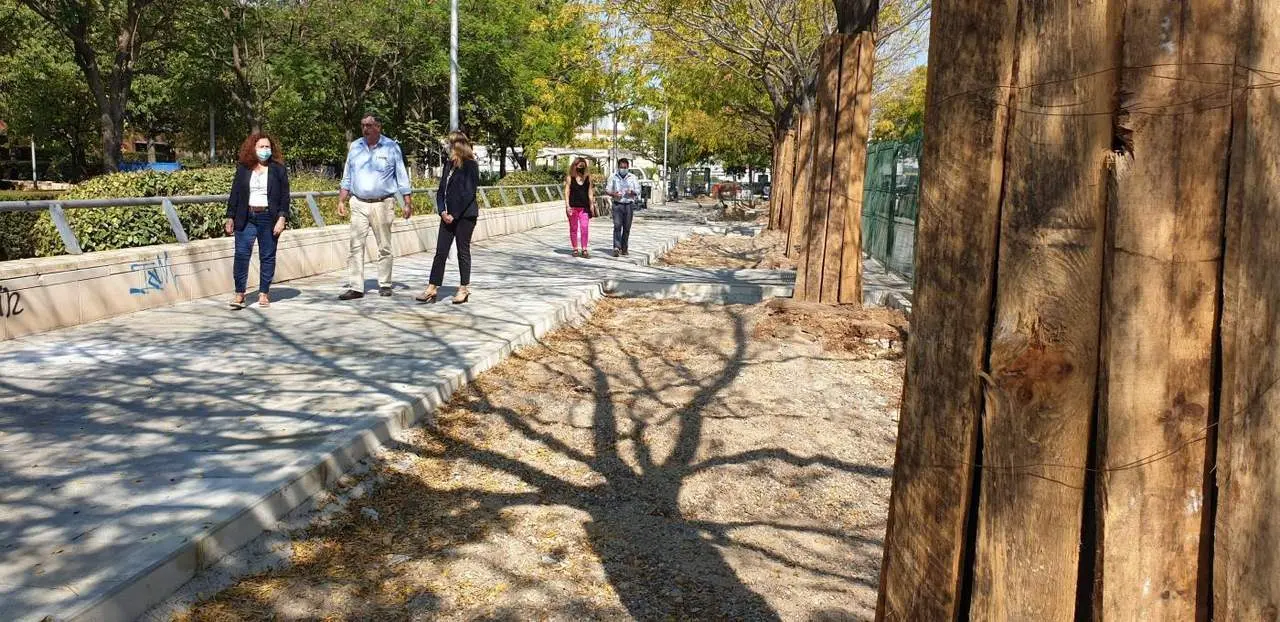 La delegada del distrito Bellavista-La Palmera, Carmen Fuentes, junto al director general de Parques y Jardines, Fernando Mora, y el equipo t&eacute;cnico del servicio.  - Ayto