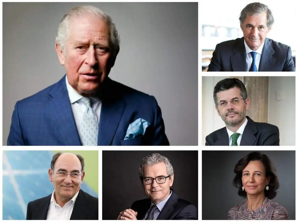 El pr&iacute;ncipe Carlos de Inglaterra junto a los presidentes de Iberdrola, Inditex, Acciona, Atlantica y Santander. - EP