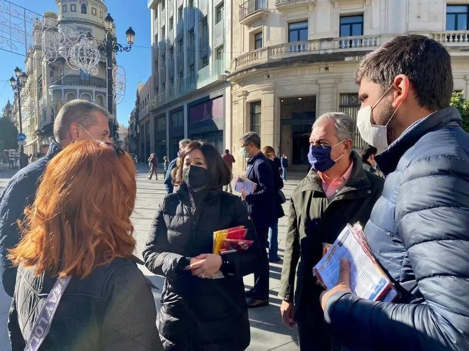 Reparto de banderas y de ejemplares de la Constituci&oacute;n en el centro de Sevilla. - PP