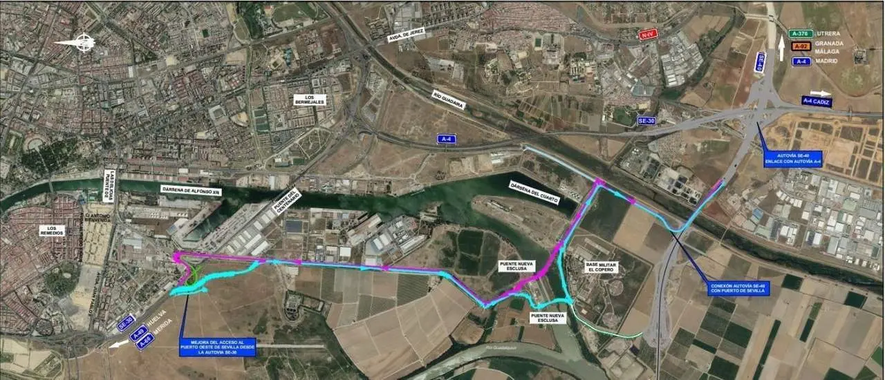 As&iacute; queda el tr&aacute;fico en la zona del Puerto de Sevilla como consecuencia de las obras de sustituci&oacute;n de los tirantes del Puente del Centenario.  - APS