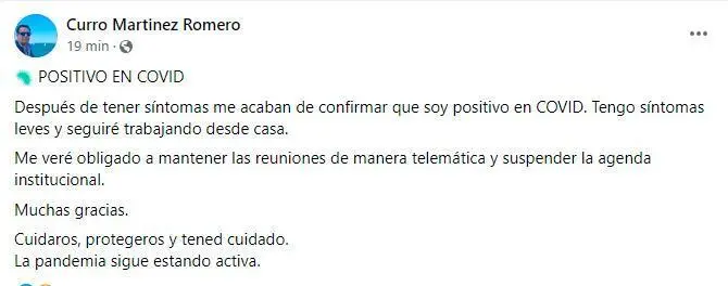 Captura del comunicado del concejal Curro Mart&iacute;nez en Facebook. - Viva.