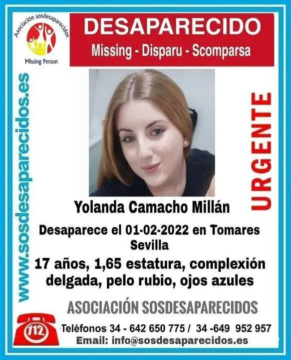 Cartel con los datos de la joven desaparecida en Tomares difundido en redes sociales. - SOS DESAPARECIDOS