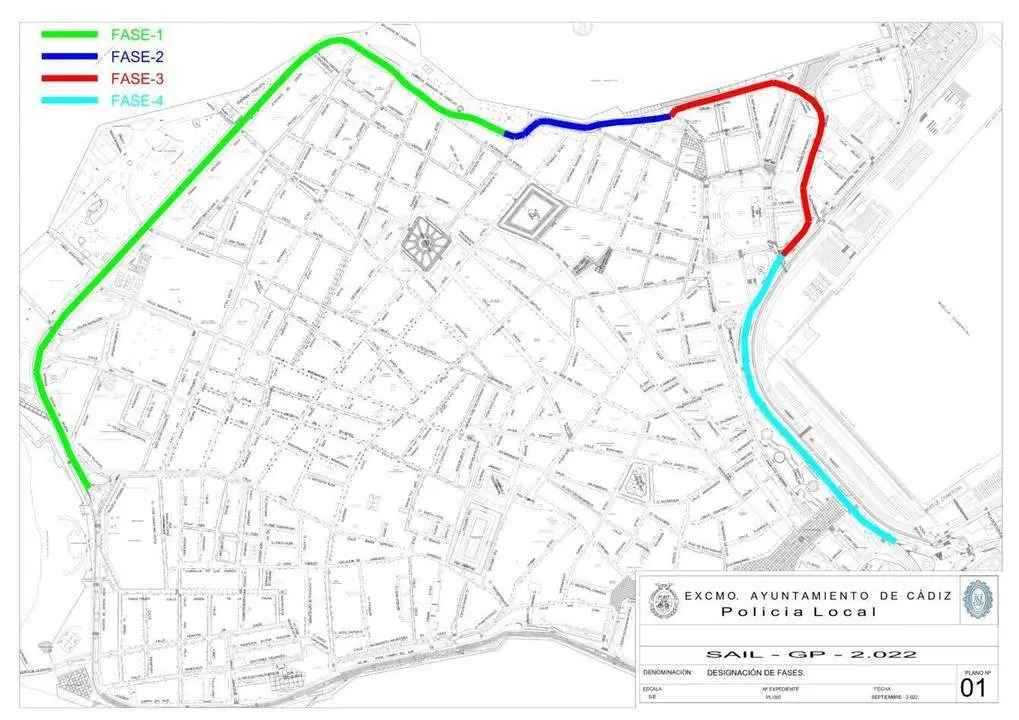 Plano de la ciudad con las distintas fases previstas para el plan de tr&aacute;fico por la Sail GP.  - Ayuntamiento de C&aacute;diz 