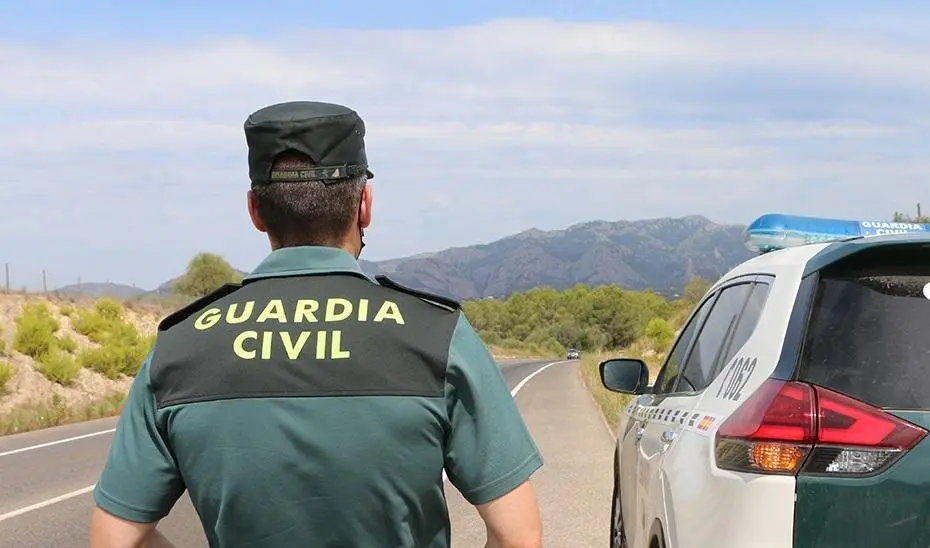 Un agente de la Guardia Civil junto a un veh&iacute;culo en una carretera. (Foto de archivo). - GC