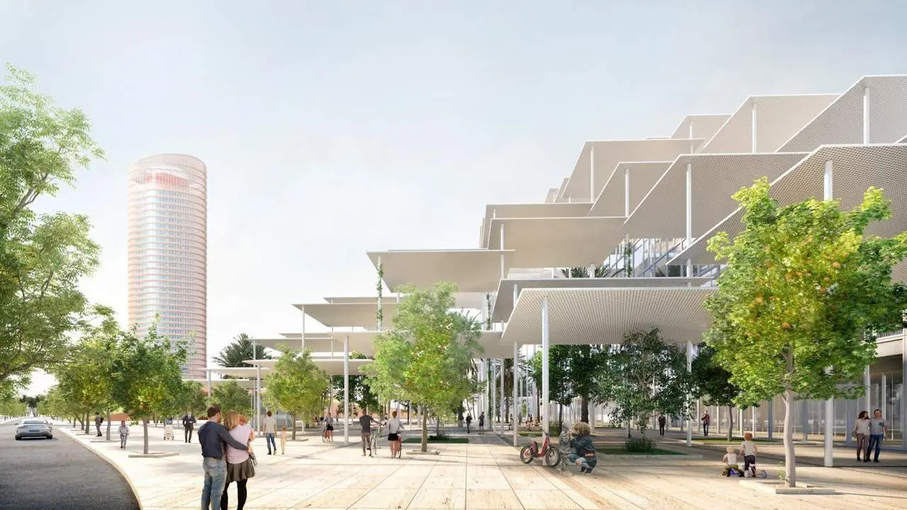 Jard&iacute;n y espacio p&uacute;blico que crear&aacute; la c&uacute;pula de porches solares que cubrir&aacute; la nueva sede permanente del JRC en la Cartuja. - ARCHIVO