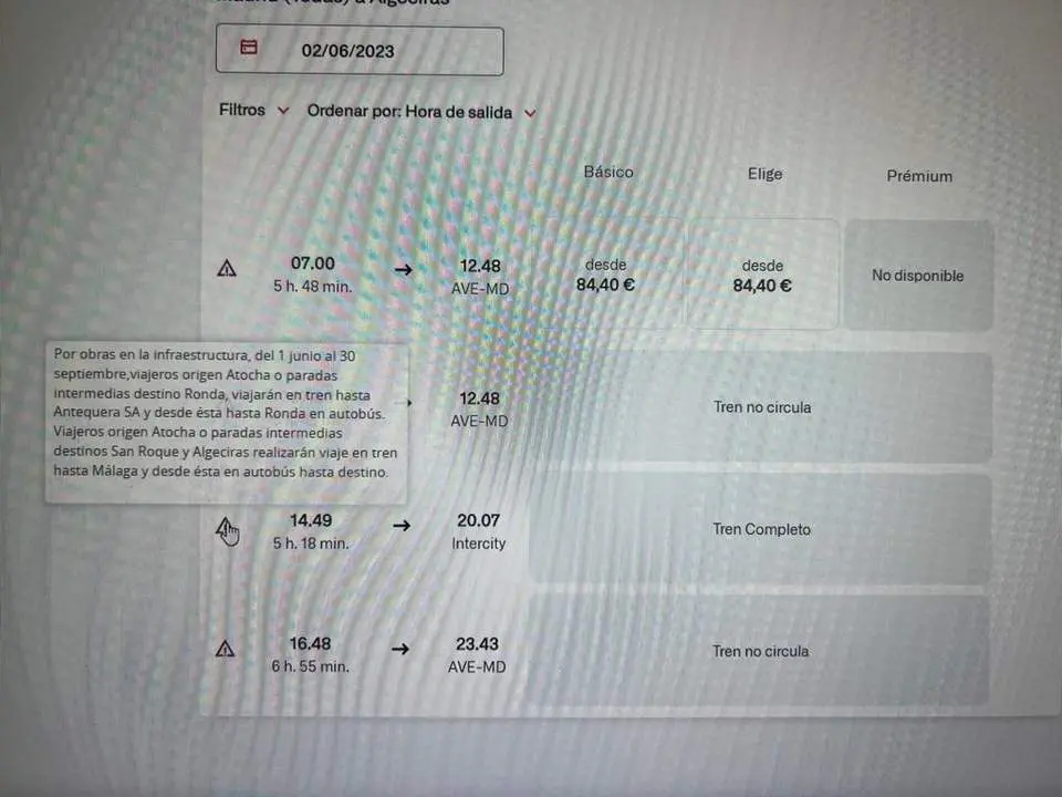 La web de Renfe, sin billetes entre Algeciras y Madrid. - A. I.