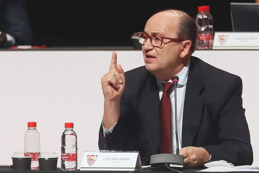El presidente del Sevilla FC, Pepe Castro, durante la junta general de accionistas en Fibes. - efe