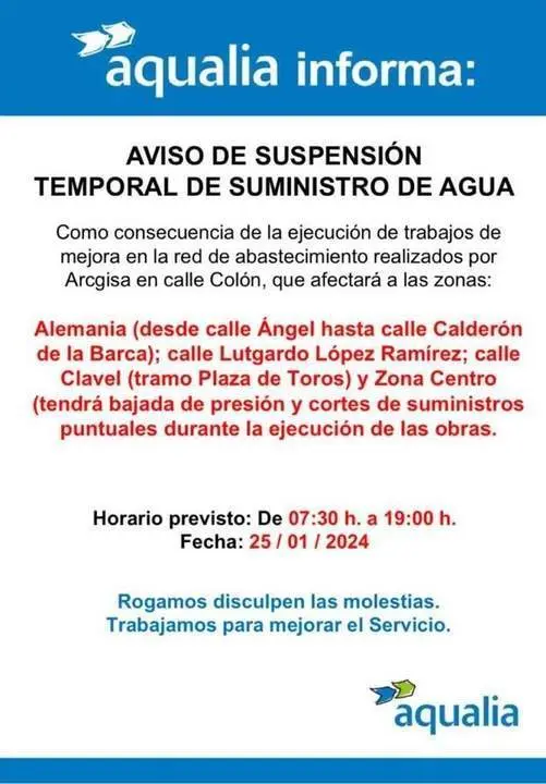 Anuncio de corte de agua en La L&iacute;nea. - AI