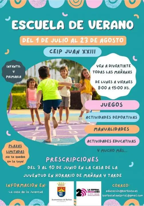 Cartel Escuela de Verano CEIP JUAN XXIII BARBATE - 