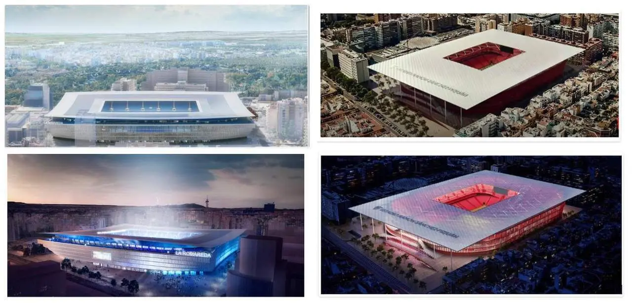 Dise&ntilde;os de los estadios de Zaragoza (i) y Sevilla (d). - AI