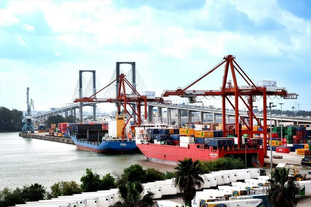 Buques con contenedores en el Puerto de Sevilla. - Archivo