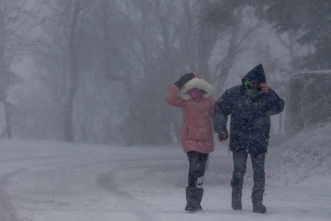 Pedrafita do Cebreiro, Lugo. Entrada de la borrasca Arwen en Galicia, que dejara precipitaciones en forma de nieve en altitudes superiores a 800 metros. En la imagen, una pareja camina con dificultad entre la nieve en el poblado prerromano de O Cebreiro en la ma&ntilde;ana del sabado 27 de noviembre
