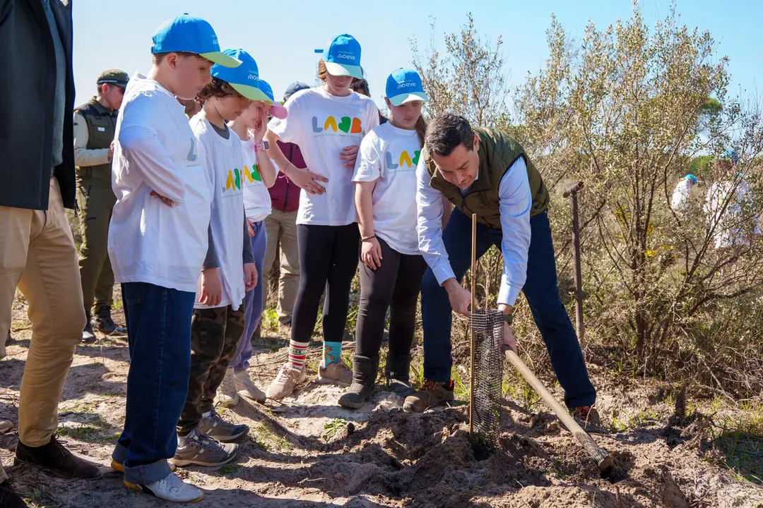 El presidente de la Junta de Andaluc&iacute;a, Juanma Moreno, participa en una plantaci&oacute;n de &aacute;rboles en Las Pe&ntilde;uelas. | EP.