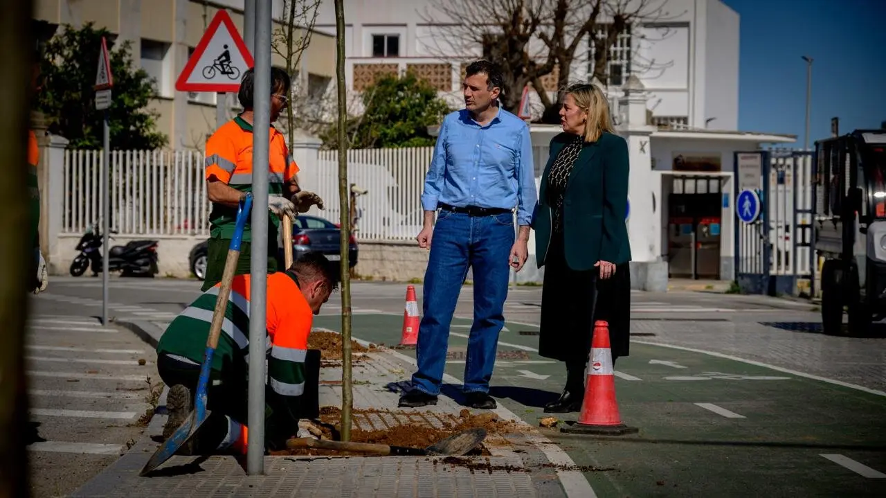 El alcalde de C&aacute;diz, Bruno Garc&iacute;a, asiste a la plantaci&oacute;n de un &aacute;rbol en la avenida de Astilleros. | Ayuntamiento de C&aacute;diz.
