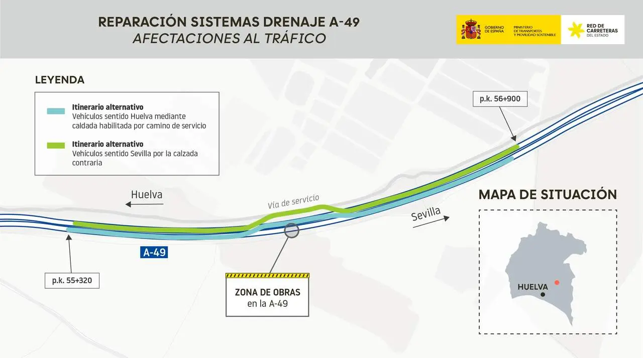 Plano de la A-49 en el que se indica el tramo al que afectar&aacute;n las obras. | Ministerio.