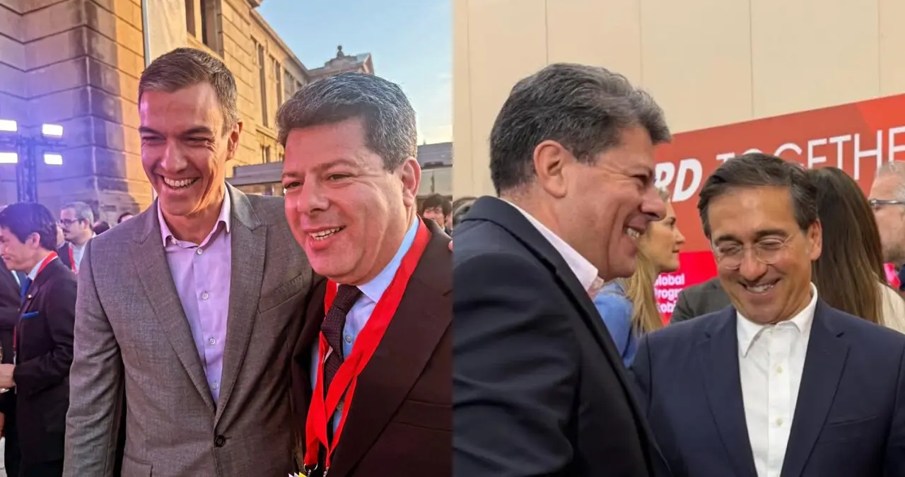 Picardo, con Sánchez (i) y Albares (d), durante la cita de Barcelona - Fabian Picardo (redes)