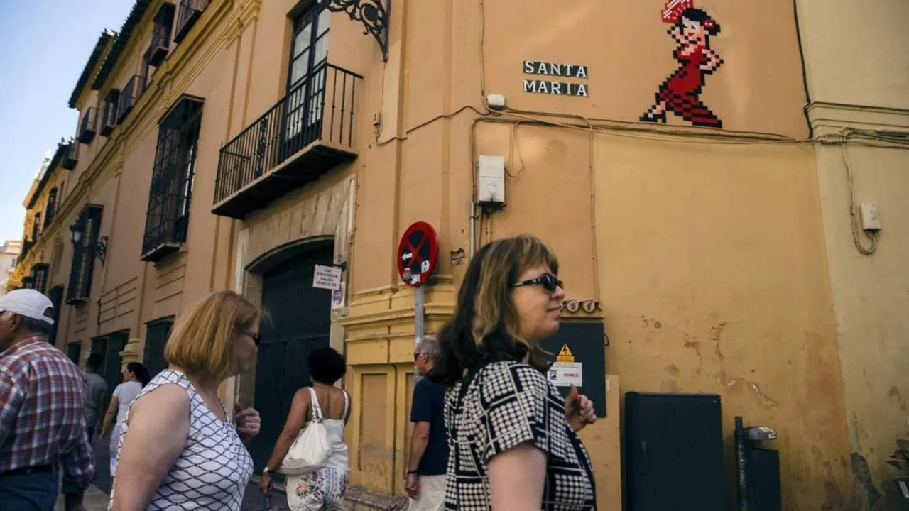 Una flamenca, la obra de Invader en la fachada del Palacio Episcopal -  EFE/JORGE ZAPATA