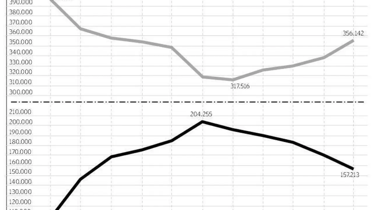 Gr&aacute;fico de afiliados y parados en la provincia entre 2007 y 2017 - Viva