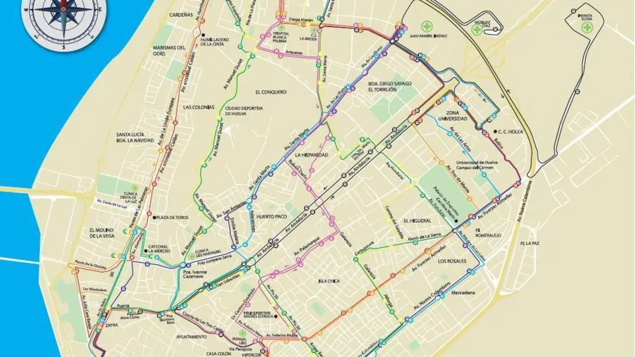 Mapa l&iacute;neas autobuses de Huelva. - VH