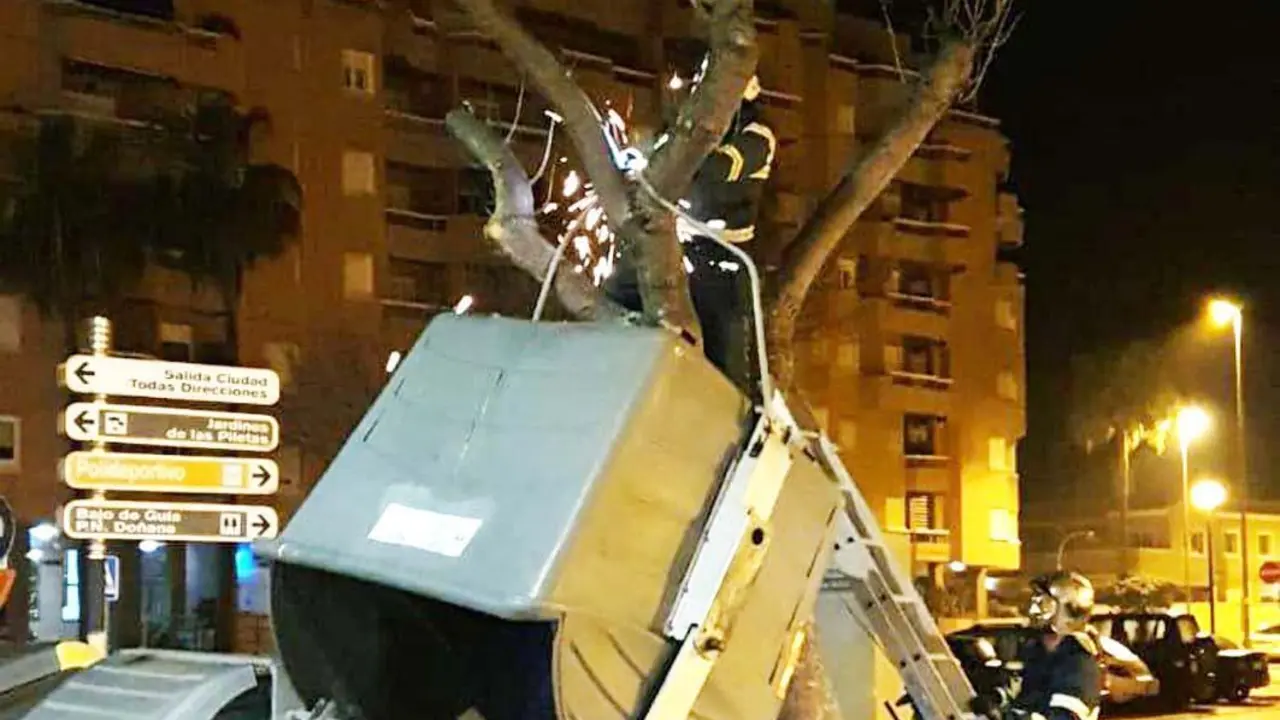 Los bomberos descendiendo el contenedor del &aacute;rbol - A. I.