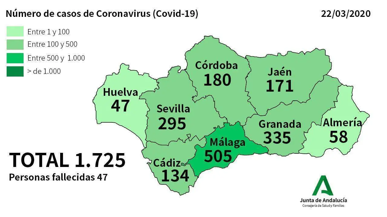 Mapa andaluz de casos positivos en coronavirus. - Junta de Andalucia