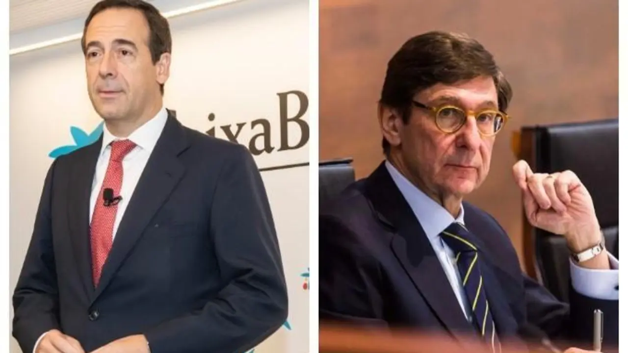 Gonzalo Gort&aacute;zar, consejero delegado de CaixaBank (izq) y Jos&eacute; Ignacio Goirigolzarri, presidente de Bankia (der). - ep