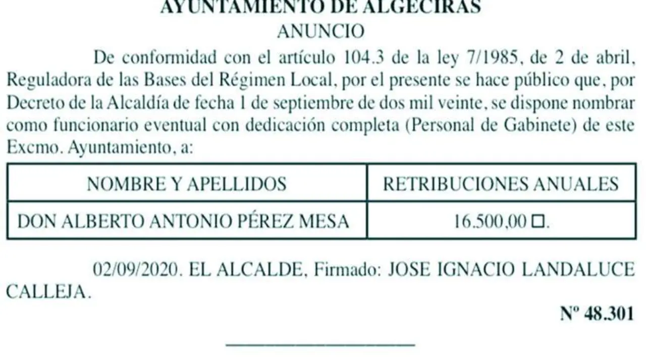 Extracto de la publicaci&oacute;n en el BOP del decreto de Alcald&iacute;a.