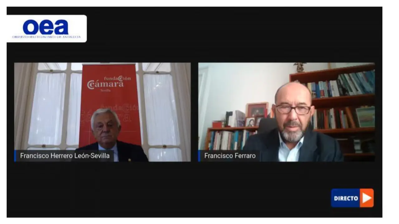 El presidente del Observatorio Econ&oacute;mico de Andaluc&iacute;a, Francisco Ferraro, en la presentaci&oacute;n del informe.  - C&Aacute;MARA DE COMERCIO DE SEVILLA