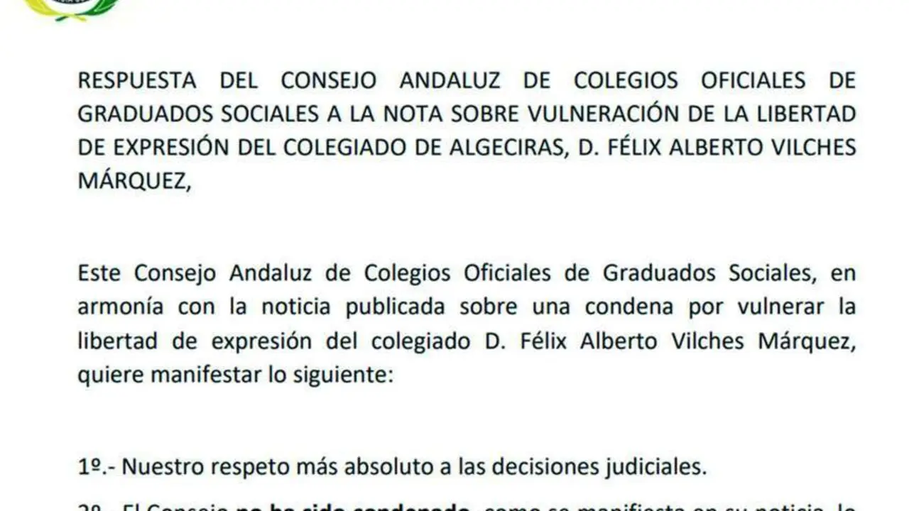 Extracto de la nota del Consejo Andaluz de Graduados Sociales. - AI