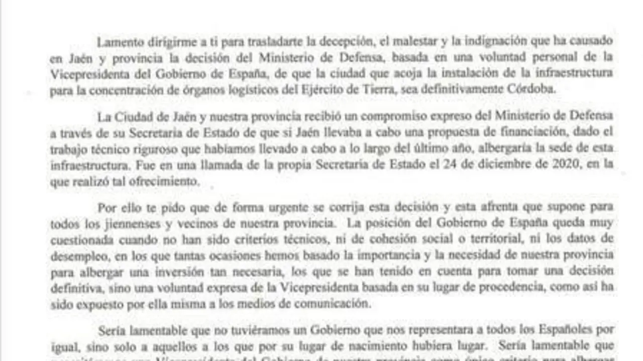 La carta escrita por el alcalde de Ja&eacute;n en la que cuestiona la elecci&oacute;n de C&oacute;rdoba. - Viva C&oacute;rdoba