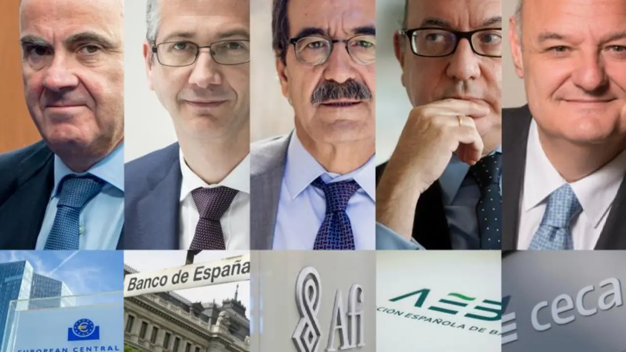 De izquierda a derecha: Luis de Guindos, Pablo Her&aacute;ndez de Cos, Emilio Ontivweros, Jos&eacute; Mar&iacute;a Rold&aacute;n y Jos&eacute; Mar&iacute;a M&eacute;ndez. - 