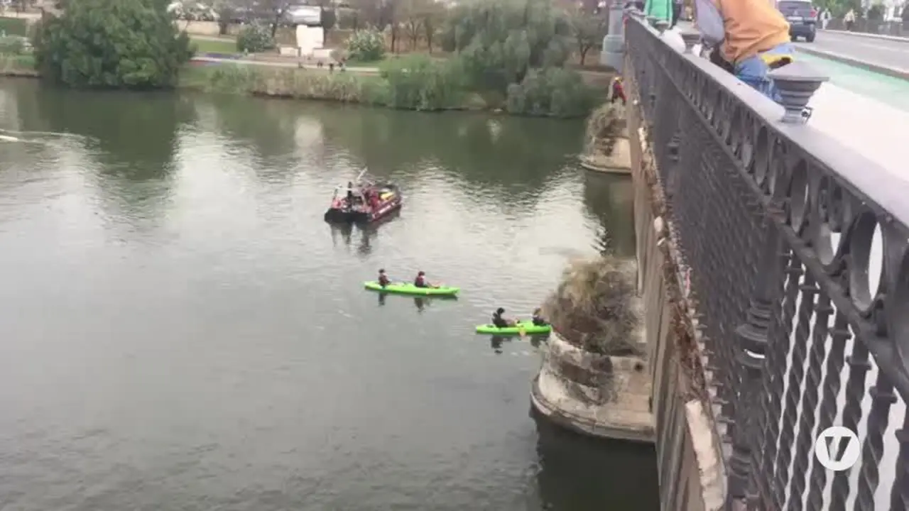 Greenpeace descuelga una pancarta en el puente de Triana para exigir el Plan Respira