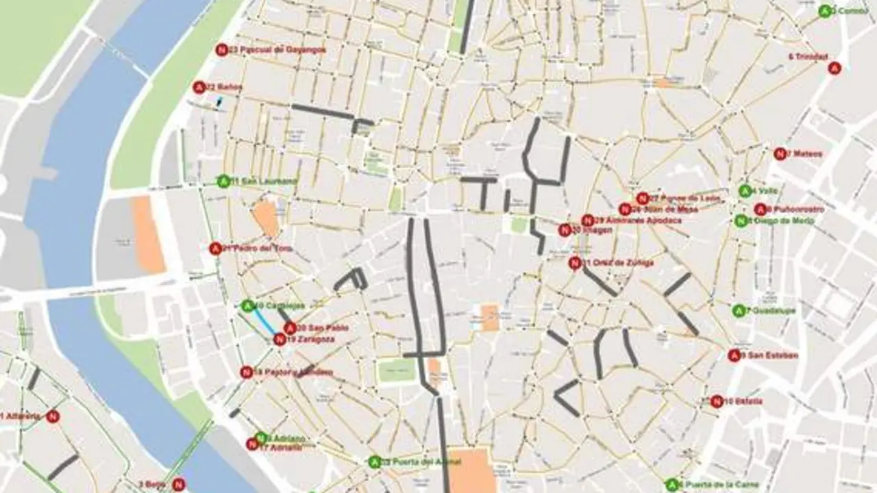Ubicaci&oacute;n de los 53 puntos de control en el Casco Antiguo y Triana. - AYTO