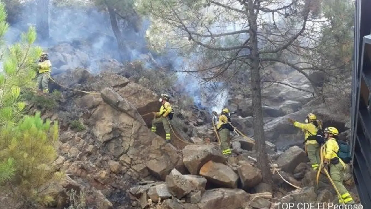 Efectivos del Infoca trabajando en el incendio de Sierra Bermeja. - EP