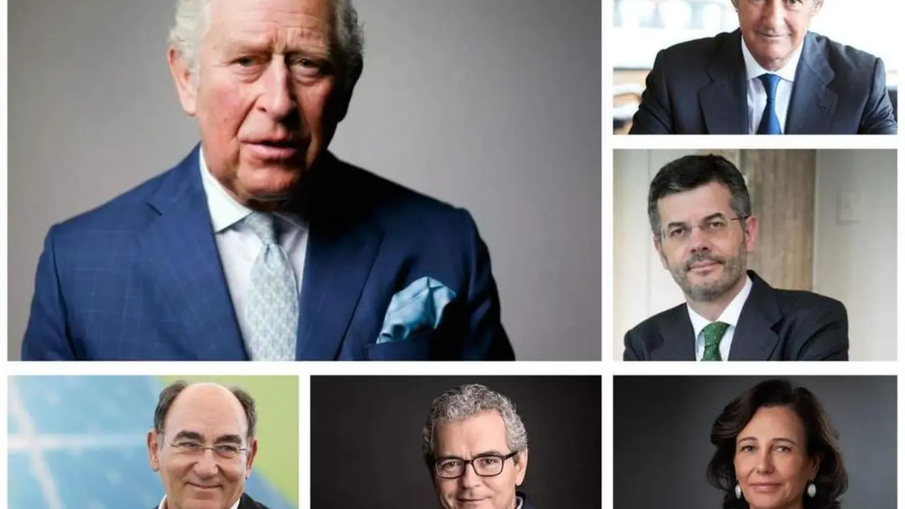 El pr&iacute;ncipe Carlos de Inglaterra junto a los presidentes de Iberdrola, Inditex, Acciona, Atlantica y Santander. - EP