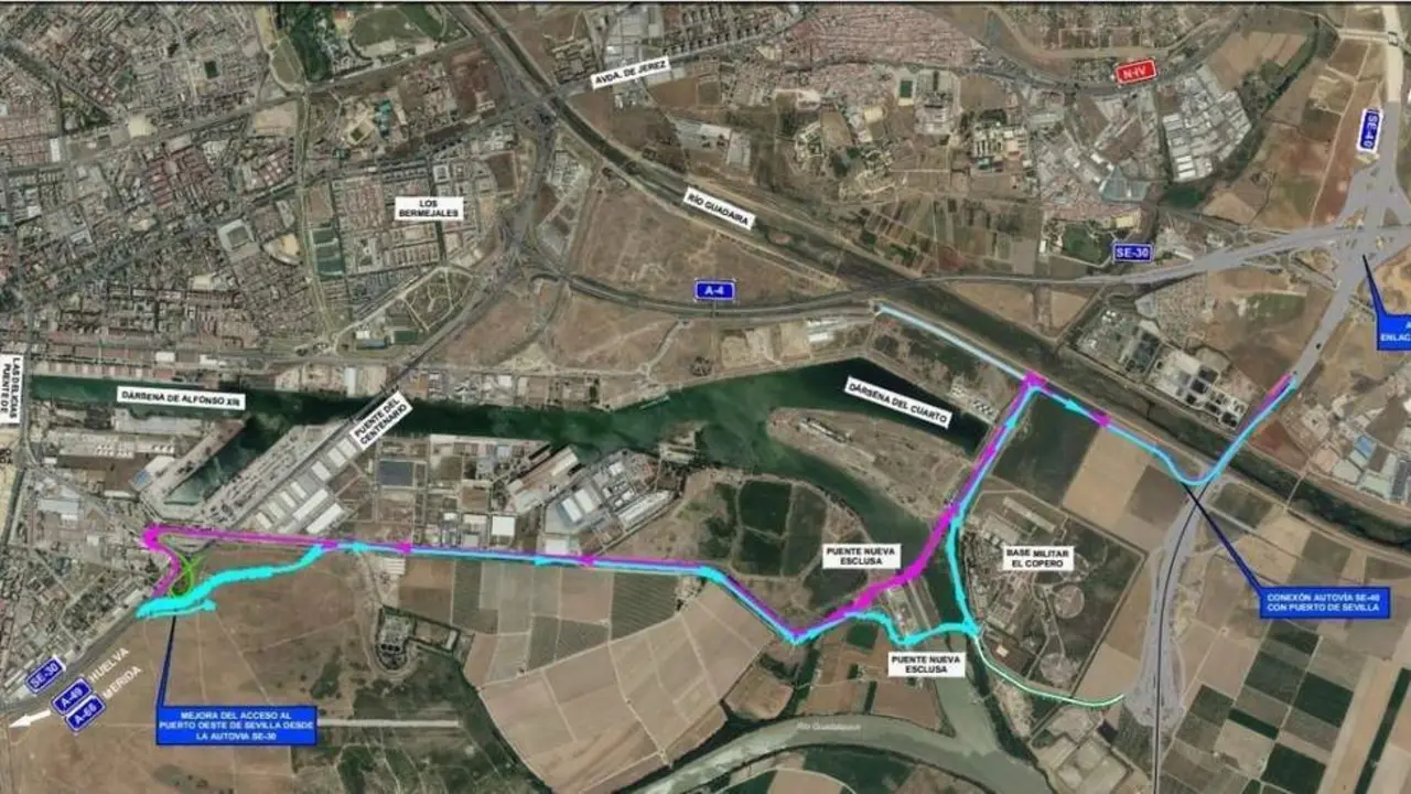 As&iacute; queda el tr&aacute;fico en la zona del Puerto de Sevilla como consecuencia de las obras de sustituci&oacute;n de los tirantes del Puente del Centenario.  - APS