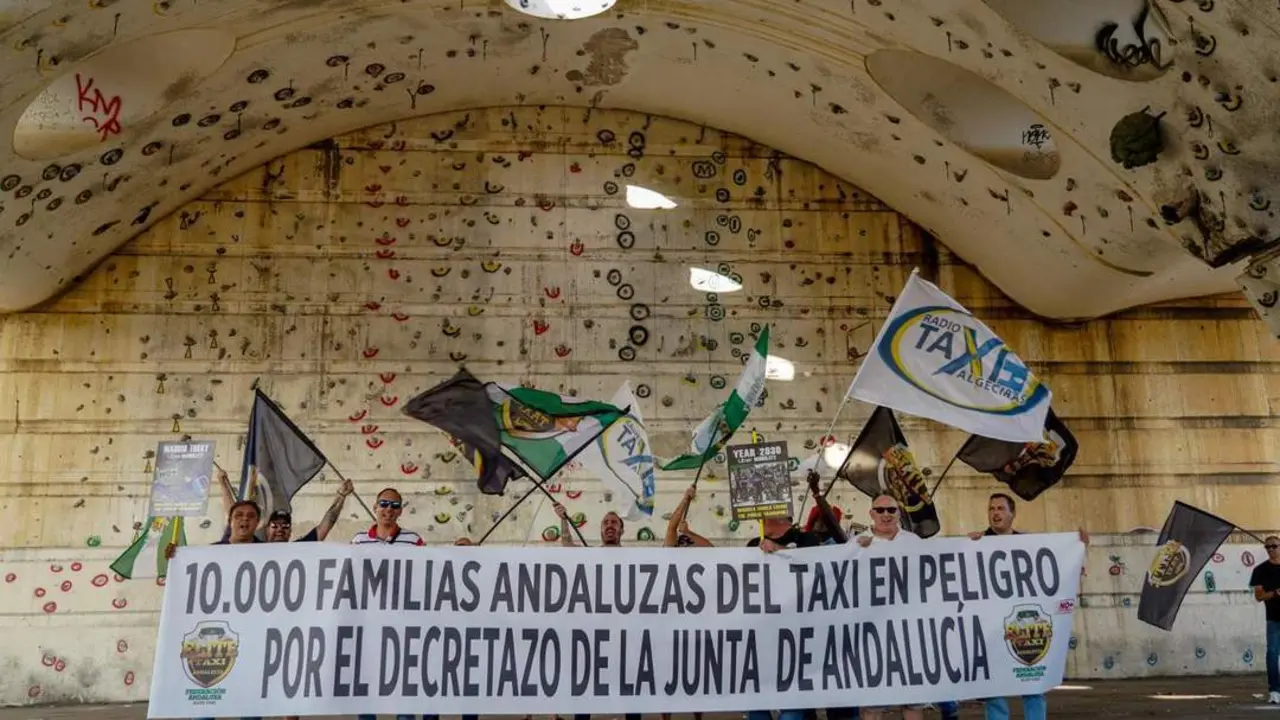 Concentraci&oacute;n del sector del taxi en la parada del Estadio de la Cartuja. - Europa Press
