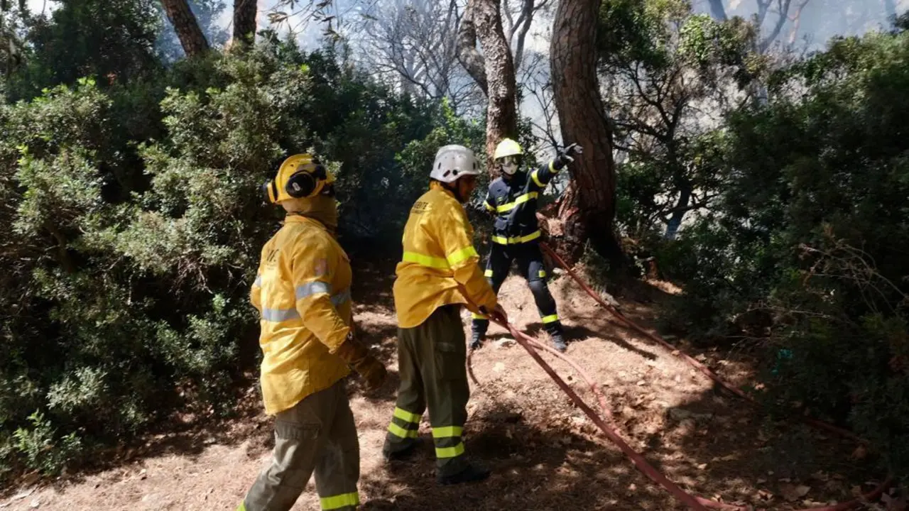 Bomberos, en el incendio de Las Canteras, en Puerto Real. - E. P.