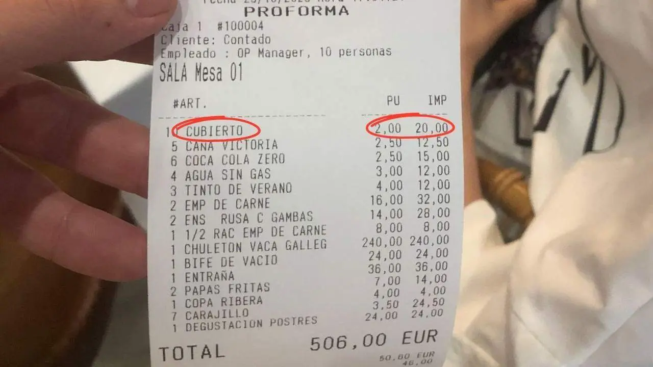 Cobro por 'cubiertos' en un ticket. - Cedido