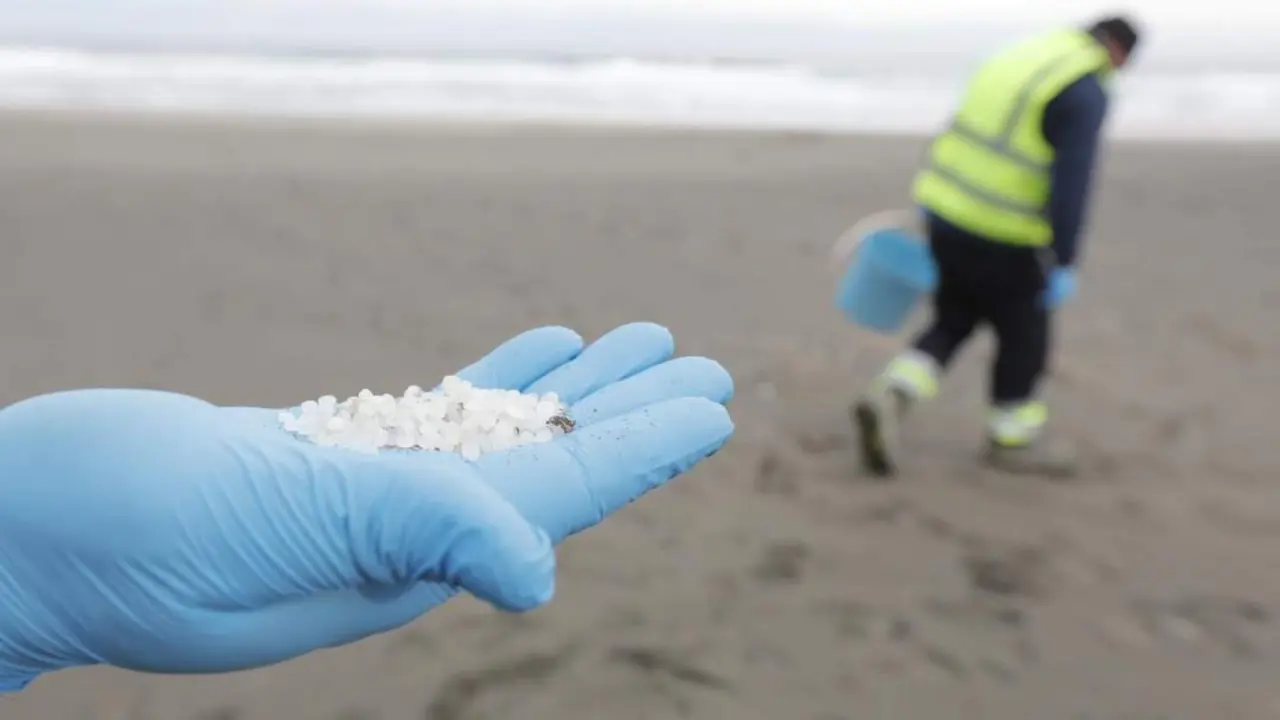 Un operario de TRAGSA coge con la mano pellets de pl&aacute;stico. - Europa Press
