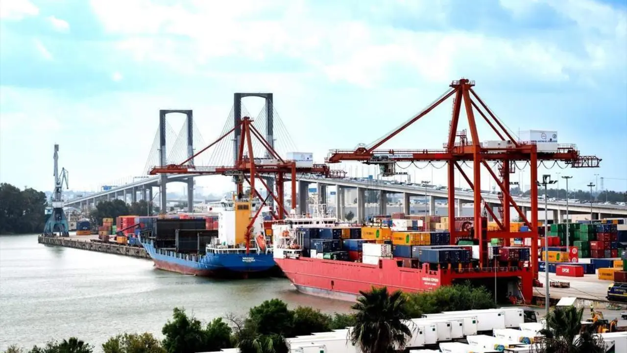 Buques con contenedores en el Puerto de Sevilla. - Archivo